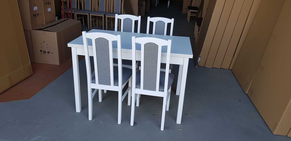 NOWE : STÓŁ + 4 KRZESŁA , BIAŁY + SZARY , transport cała Polska