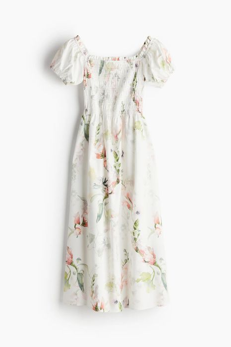 Sukienka w kwiaty popelinowa biała z nadrukiem plecy H&M lato 38