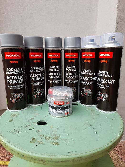 Novol podkład akrylowy, lakier do felg, lakier bezbarwny, masa szpachl