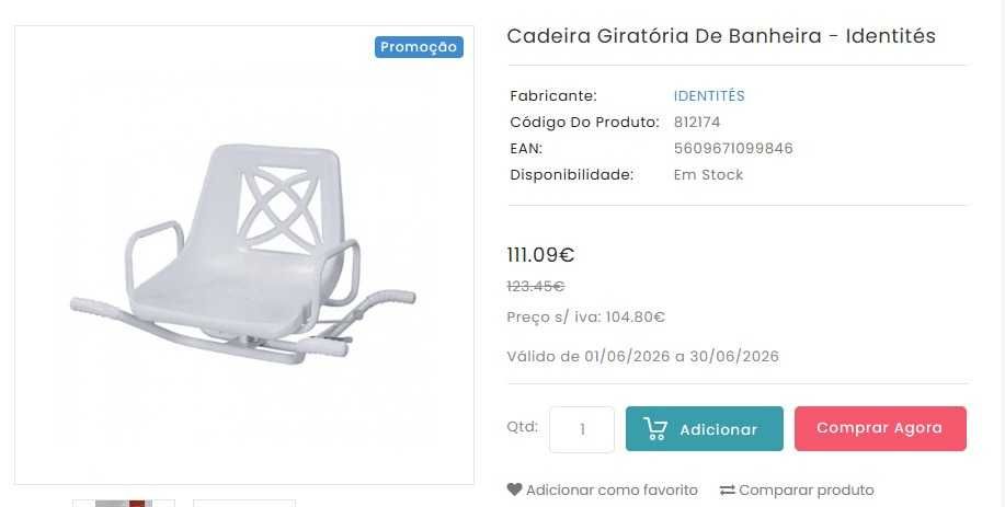 Cadeira rotativa para banheira 360º da Identities como nova