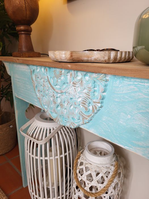 aparador, consola, mesa, azul, talha, decoração, rustico