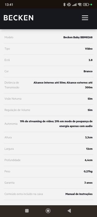 Intercomunicador / câmara / monitor bebé Becken Baby BBM8268