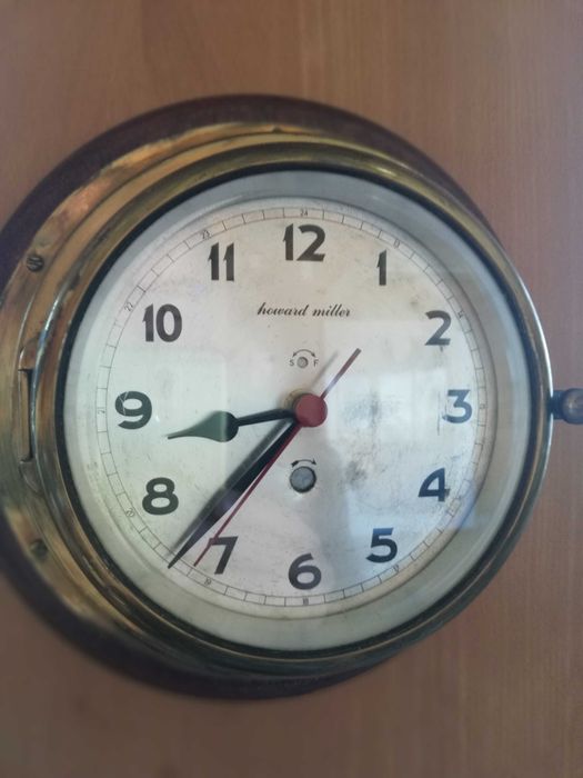 Relógio e barómetro náuticos de parede, latão, vintage, meados séc XX