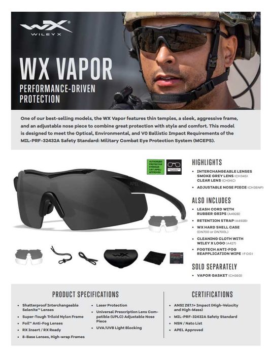 Балістичні окуляри армії США APEL WILEY X Vapor Spectacle Kit