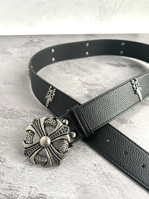 Ремінь Chrome Hearts з Хрестами / Пояс Belt Хром Хартс / Чорний шкіряний ремінь 110 см