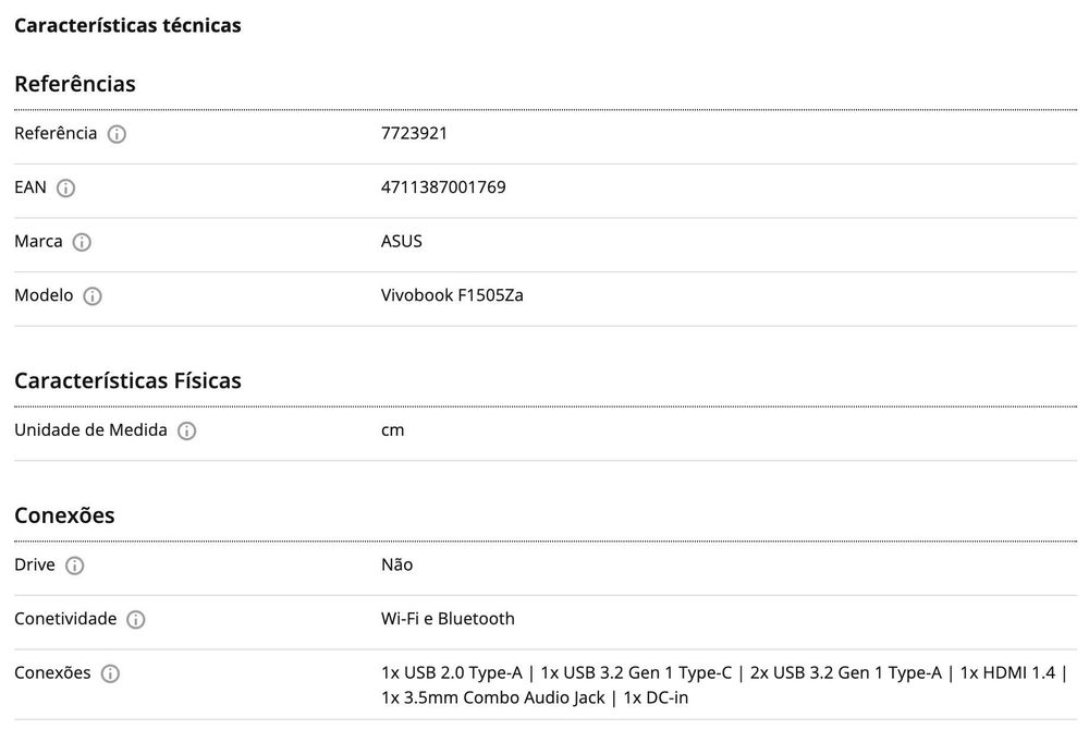 Portátil ASUS Vivobook F1505Za (ótimo estado + garantia)