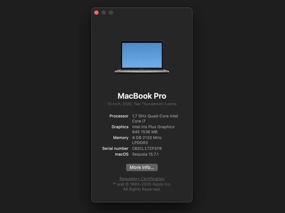 MacBook Pro 13" 2020 A2289 i7/8GB/512GB SSD, 19 циклів батареї