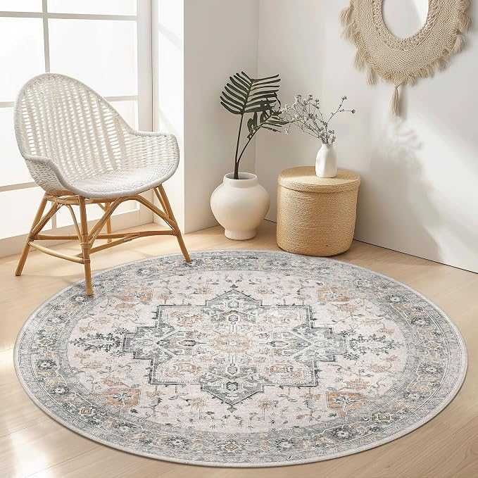 Dywan Okrągły GENIMO 120 cm w Kolorze Taupe Zmywalny Antypoślizgowy Vintage