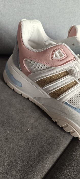 Biało-Niebieskie Sneakersy na Grubej Podeszwie z Brokatem Lenema