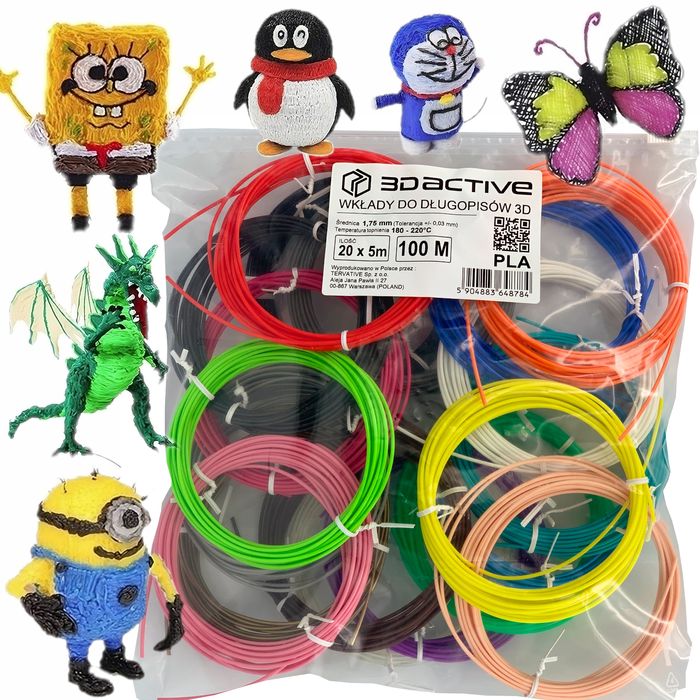 Wkłady PLA 1,75 mm do długopisów 3D, 20 kolorów 100 m