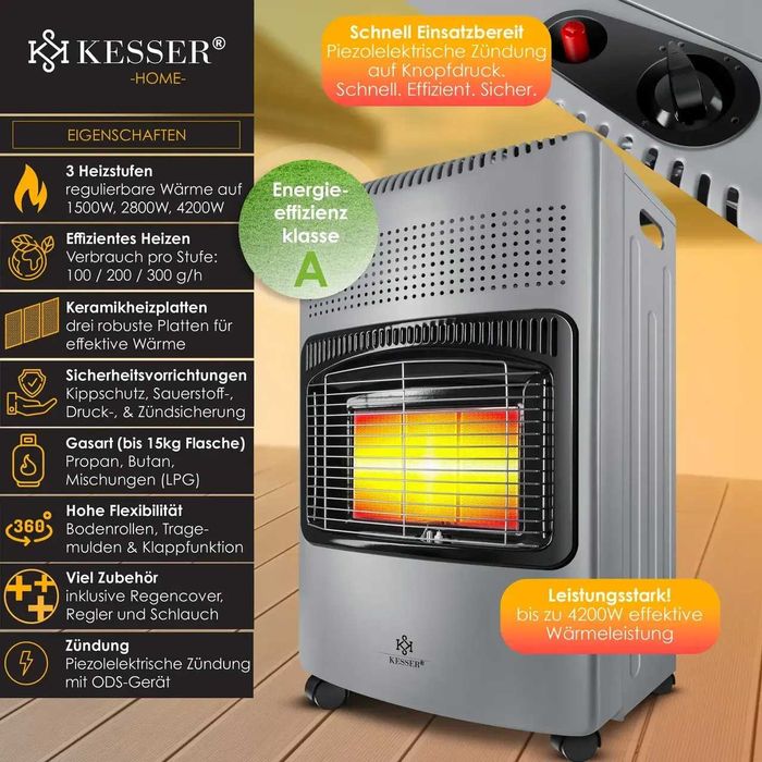 Інфрачервоний газовий обігрівач KESSER 4200W 35x42x74 см світло-сірий