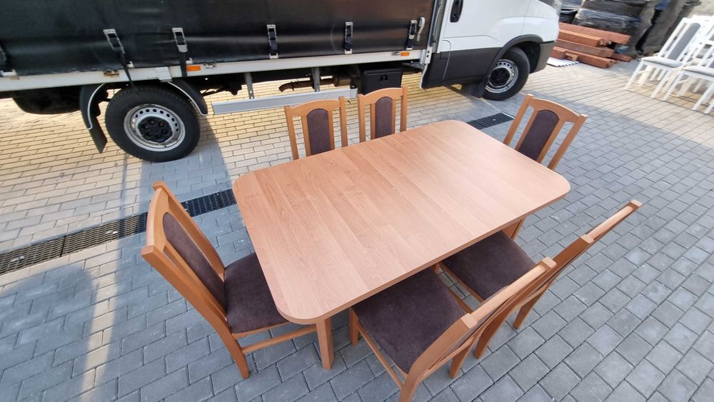 OD RĘKI , Stół rozkładany + 6 krzeseł , olcha + brąz , NOWE