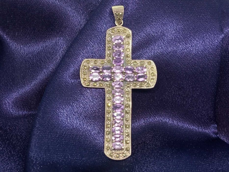 Srebrna zawieszka krzyż z markazytem i ametystem S925 Wisiorek Vintage