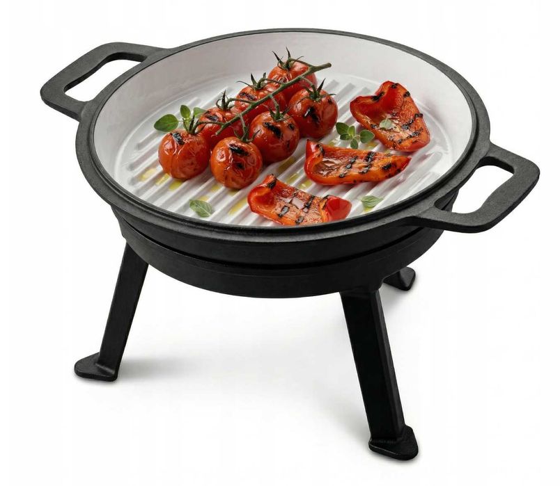 Kociołek Myśliwski Żeliwny Emaliowany 3w1 Garnek Patelnia Stojak 10l Grill