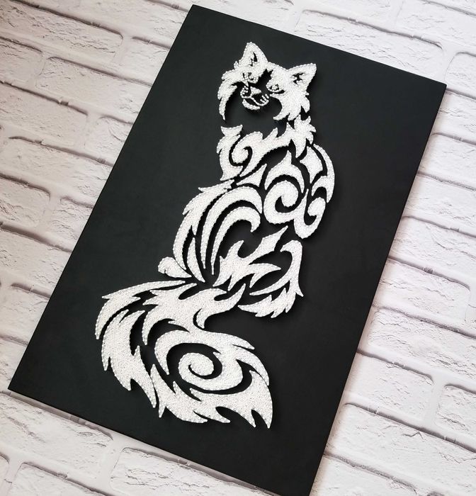 Картина Белый Кот, Стринг Арт кот, Декор в дом, Черно белое панно