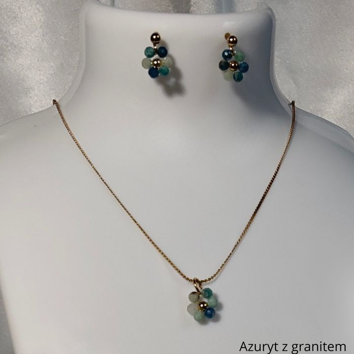 Zestaw z kamieni naturalnych azuryt z granitem stal chirurgiczna złoto