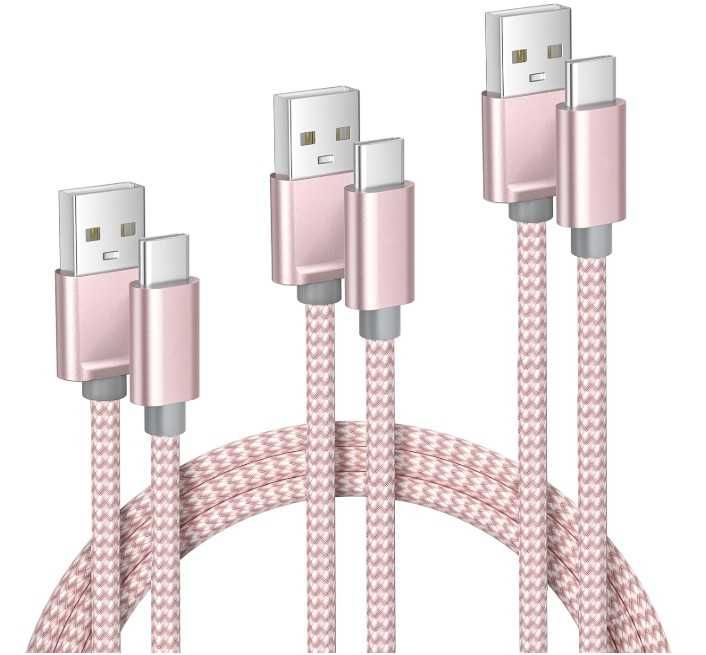 Kabel USB A do USB C w oplocie 3 sztuki 0.5/1/2m różowy Elebase