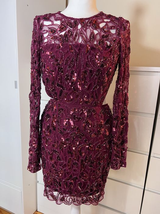 Bordowa bogato zdobiona sukienka Asos Edition cekiny sylwester S