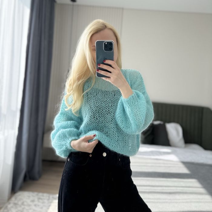 Светр павутинка хмаринка жіночий мохеровий бірюзовий оверсайз вовна