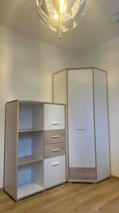 Meble białe, komoda, 2x szafka, narożnik, biurko