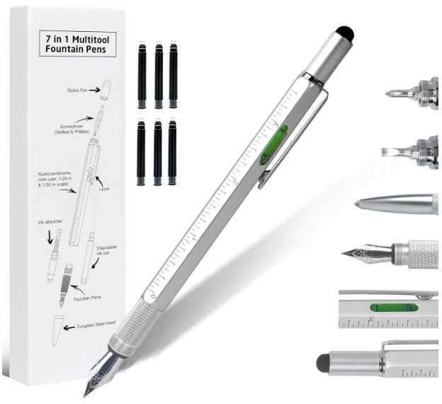 Wielofunkcyjne pióro wieczne 7 w 1:pióro wieczne, poziomicę, linijkę..