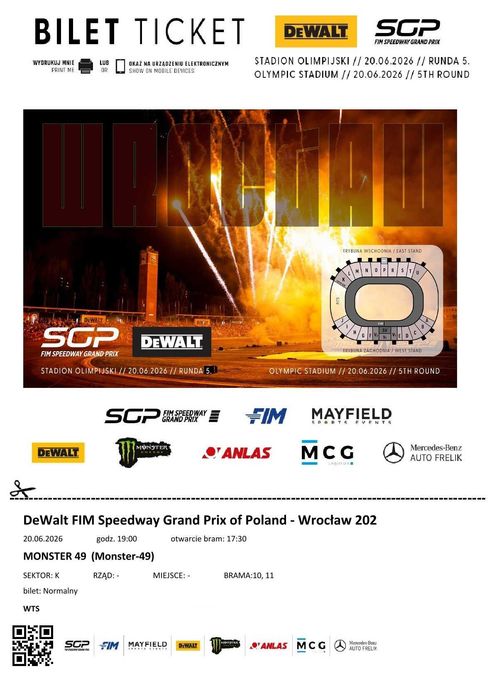 Dwa bilety na Grand Prix na żużlu we Wrocławiu w dniu 20.06.2026