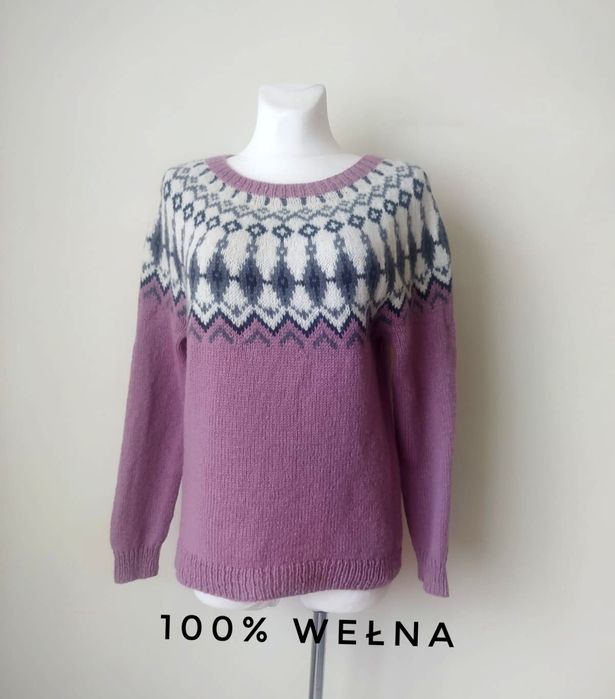 Liliowy fioletowy sweter wełniany 100% wełna w norweskim stylu