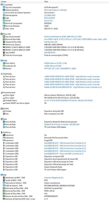 Torre Pentium E5300 + monitor + rato/teclado sem fio.