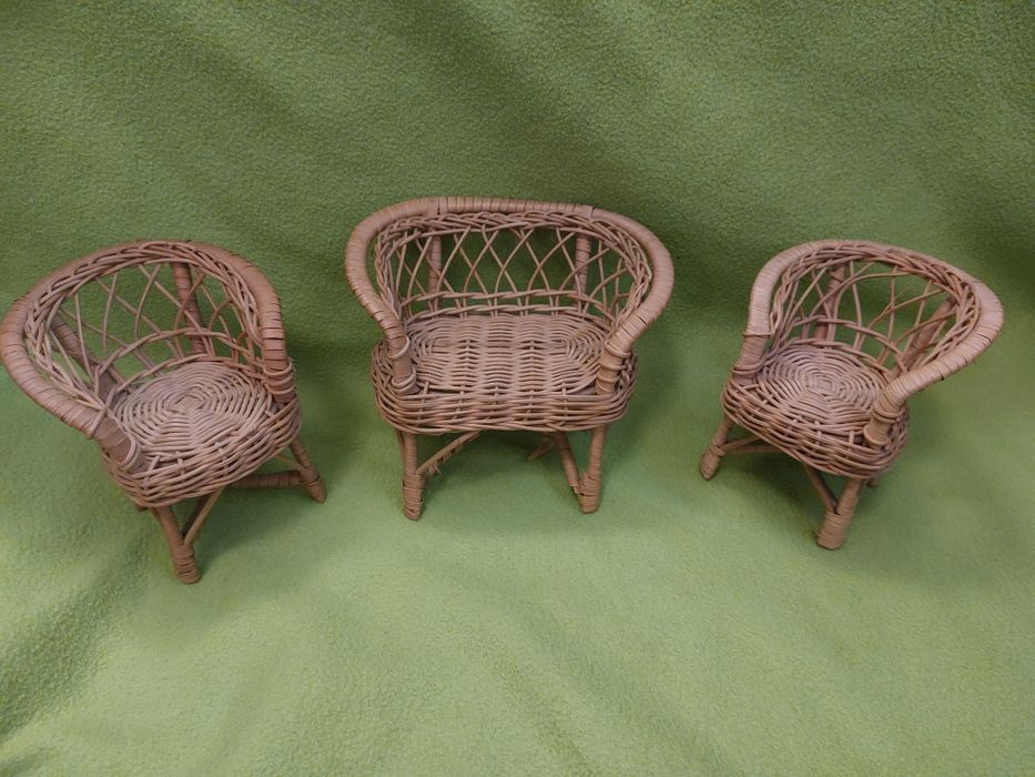 Vintage wiklinowe mebelki dla lalek sofa fotele