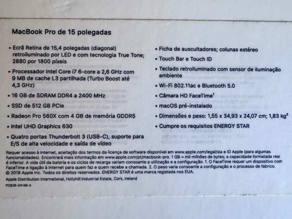 MacBook Pro 15 polegadas Intel Core I7 - 16GB SDRAM - SSD 512 GB