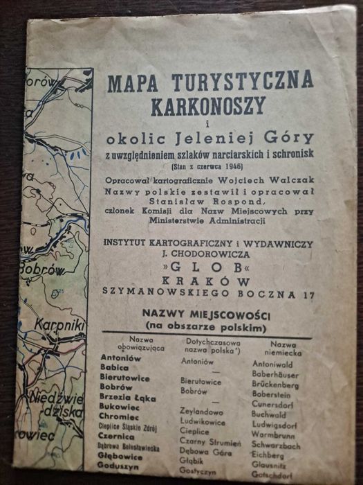 Mapa z 1946 r. zatytułowana „ Mapa turystyczna Karkonoszy i okolic Jeleniej Góry z uwzględnieniem szlaków narciarskich i schronisk”