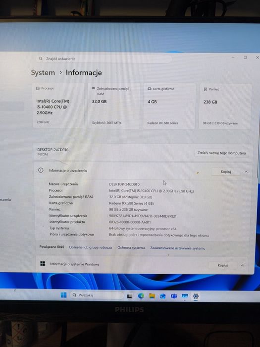 Komputer stacjonarny i5 10th RX 580 4gb 32gb ram