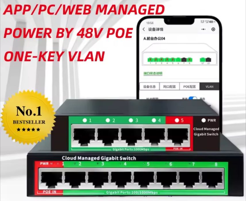 Гігабітний комутатор/світч 8 портів локальне/хмарне управління POE