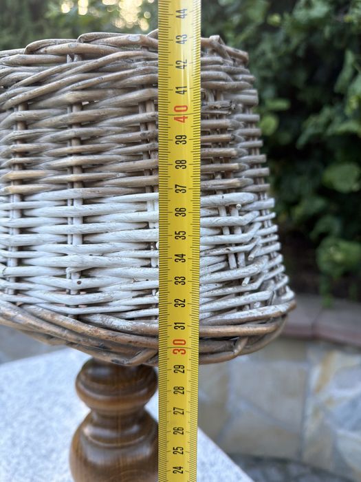 Sliczna drewniana lampka Vintage abazur z rattanu Boho PRL