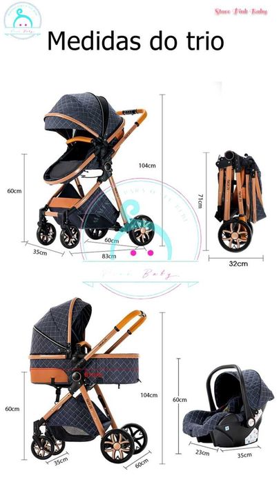 Carrinho bebé 3 em 1 PinkBaby Magic Gold - Com Base Isofix - Preto
