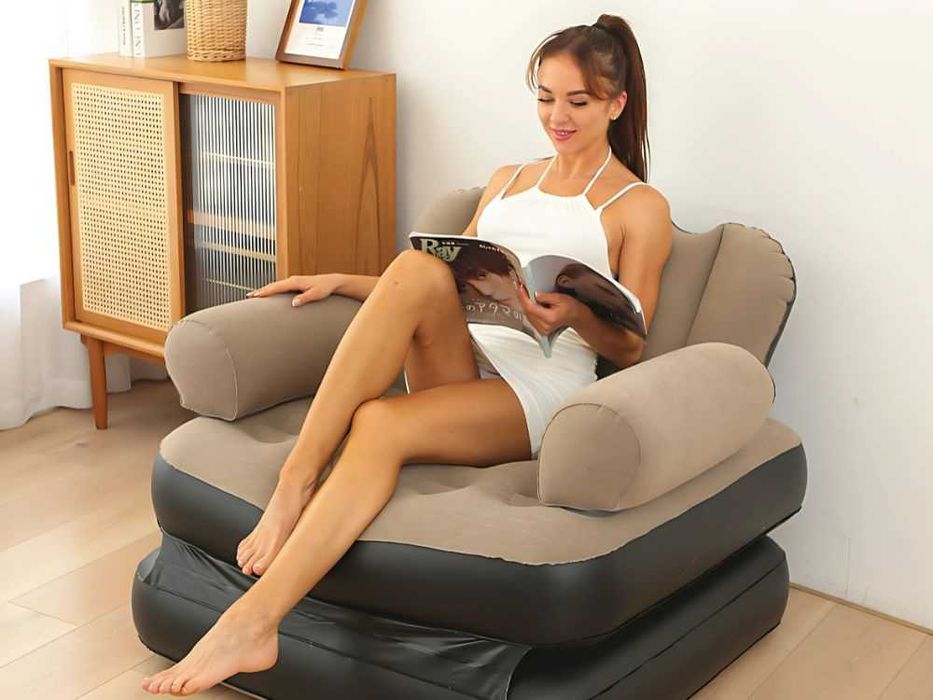 Sofa dmuchana 2w1 fotel łóżko rozkładane z oparciem podłokietniki