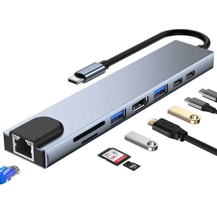 Rozgałęziacz USB HUB przejściówka 2xUSB-C 8w1SD TF 2xUSB HDMI LAN