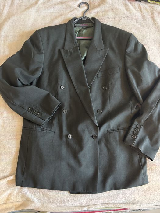 Hranatowo-szara dwurzedowa marynarka welniana styl vintage