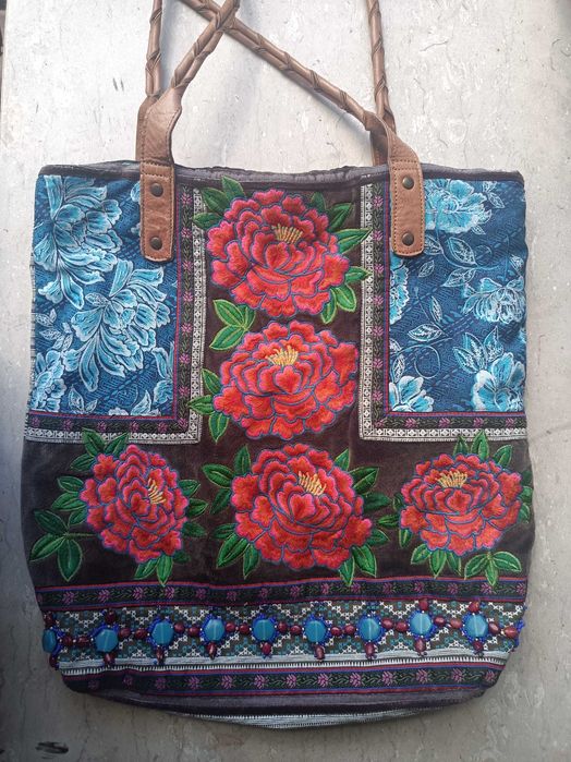 Torba boho róże, haftowana patchwork