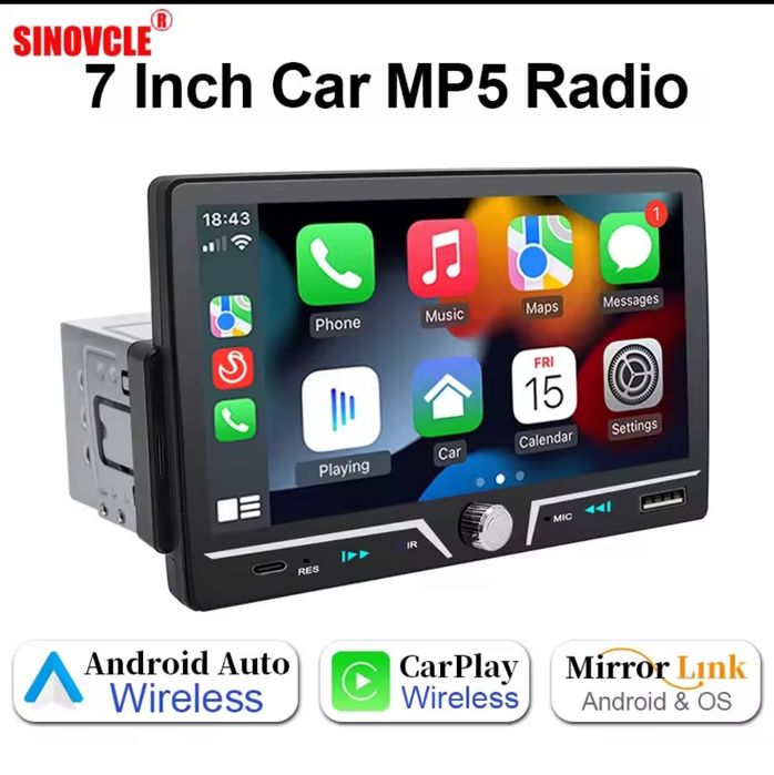 Магнітола 1DIN з екраном 7” | CarPlay / Android Auto | Bluetooth