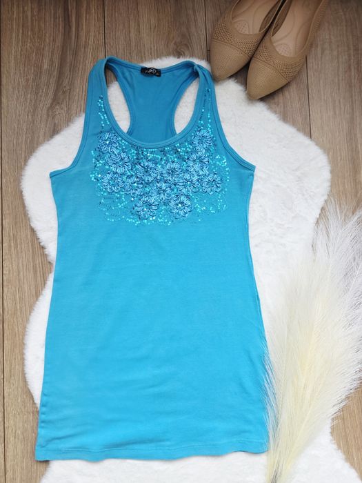 Bluzka damska bokserka niebieska kwiaty cekiny r. XL nowa casual