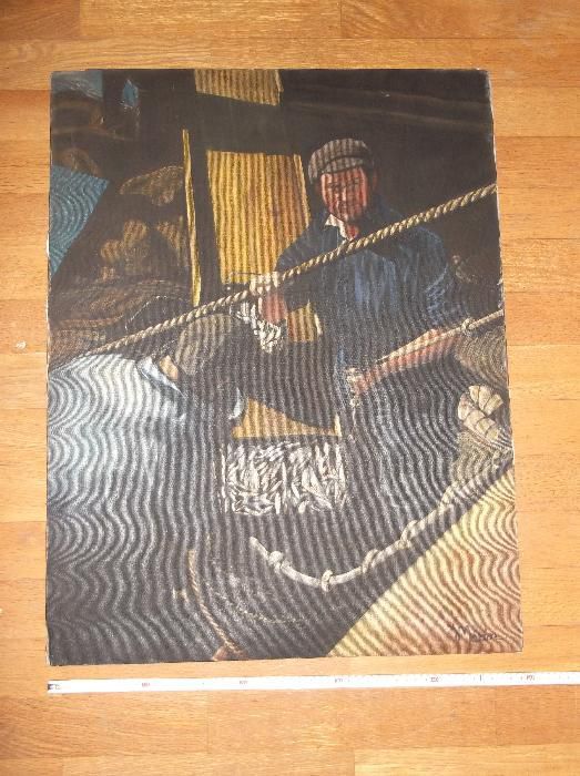 Quadro antigo pintado em tela (pescadores), assinado Marin.