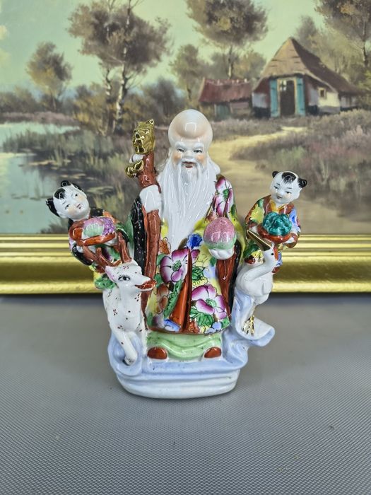 Porcelanowa figurka Shou Lao – chiński bóg długowieczności – kolorowa, vintage