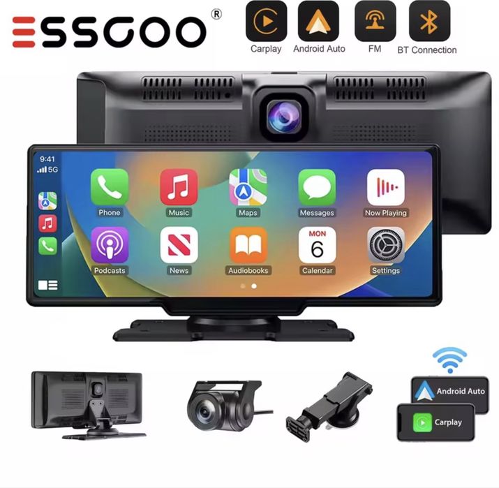 Rejestrator Jazdy z Bezprzewodowym CarPlay i Android Auto, Dwukamerowy Rejestrator Wideo, Podwójna Kamera Samochodowa DVR Wifi BT