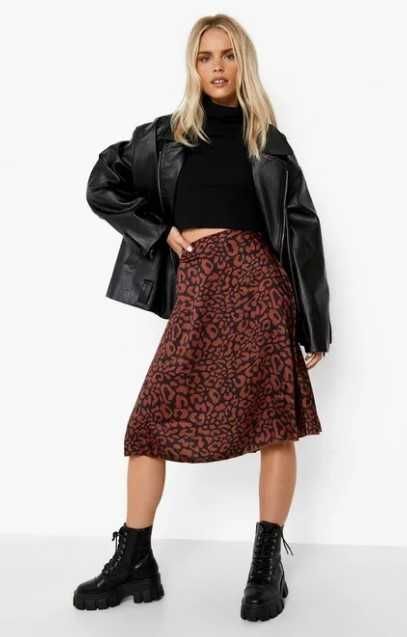 Леопардова атласна спідниця міді Boohoo