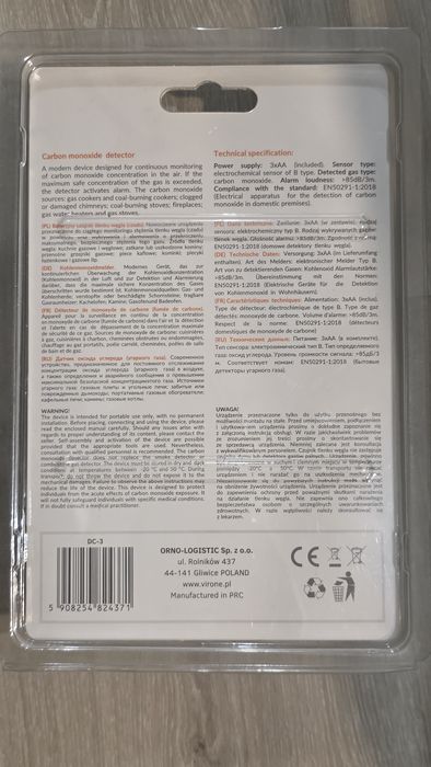 Bateryjny czujnik tlenku węgla - Virone