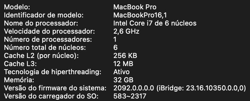 MacBook Pro 16" 2019 i7 6-Core 32GB RAM 512GB SSD Bateria como NOVA