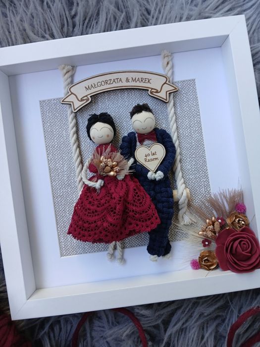 Pamiątka 40 rocznicy ślubu ramka na rubinowe gody makrama