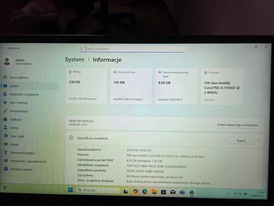 Fujitsu Lifebook U | i5-1135G7 |8 GB|256 SSD| 14" bardzo lekki