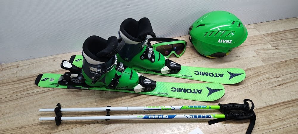KOMPLET Narty Atomic 80 cm Buty 28 Kask Gogle Kijki